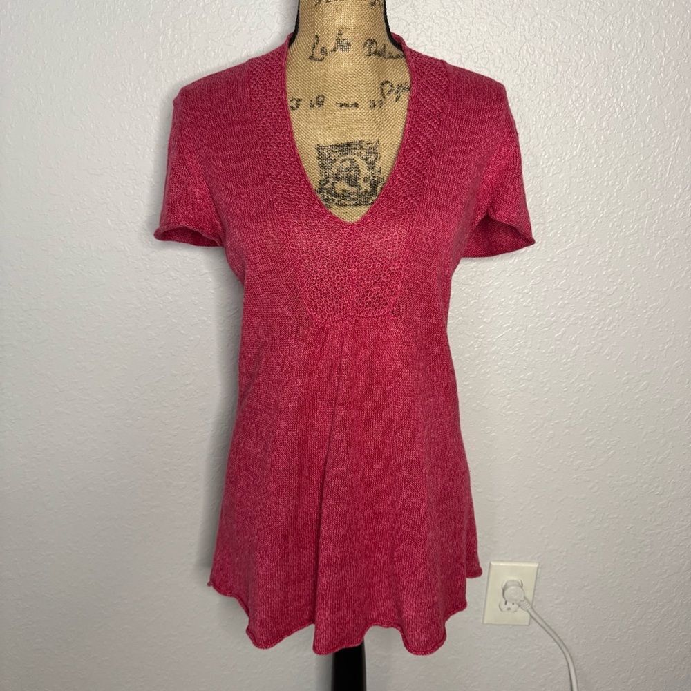 Eileen Fisher Linen V Neck Linen Tunic Top Short Sleeve Solid Pink Size S Flowy